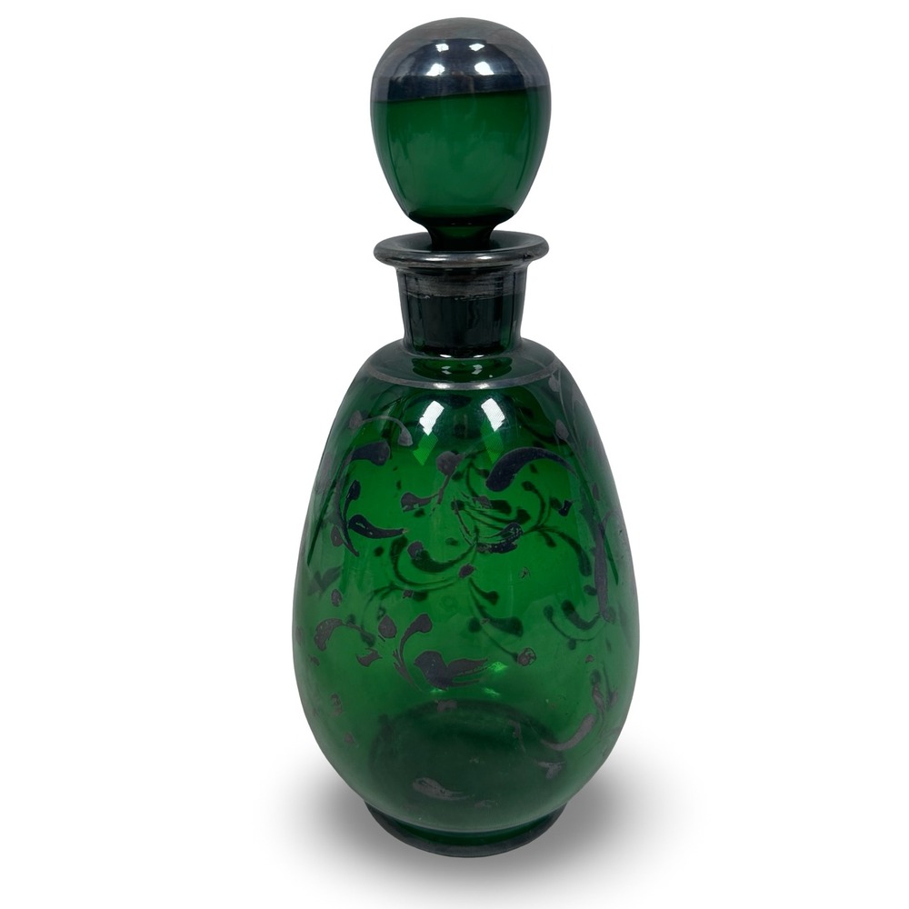 Vintage Empoli‎ Italian Emerald Green Glass Decanter Silver Overlay Floral MCM